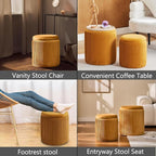 Round Ottoman with Storage Set of 2-Upholstered Velvet Vanity Stool for Makeup Multifunctional Ottomans Coffee Table Padded Seat Foot Rest (Yellow-Upgrade Taray Lid)
