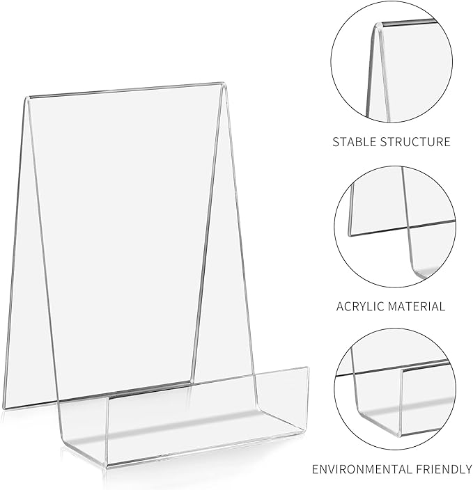 ZOEY Acrylic Book Stand with Ledge Clear Display Easels Plate - 5 Pack Large Book Holder Easel Stand for Display, Music Sheets, Artworks, CD, Tablet Holder (Large)