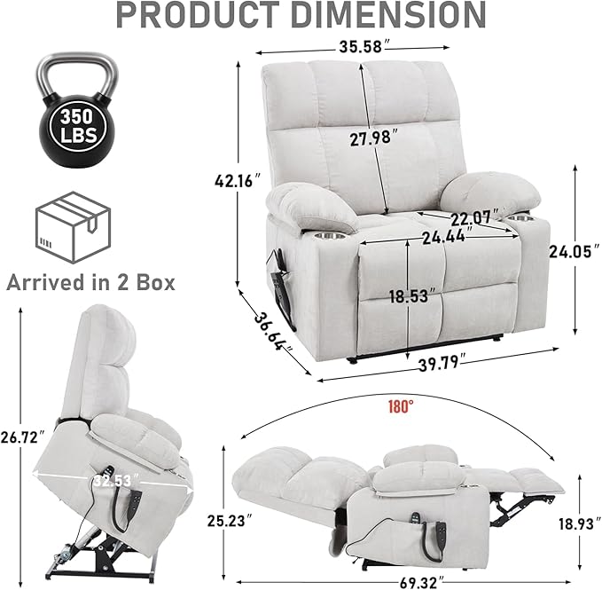 Oversized Recliner Electric Lift Chair, Power Lift Recliner for Big and Tall, 180° Lay-Flat and Assisted Standing, Extra Large Sofa with 8-Point Massage & Heating, Medium-Soft, Beige