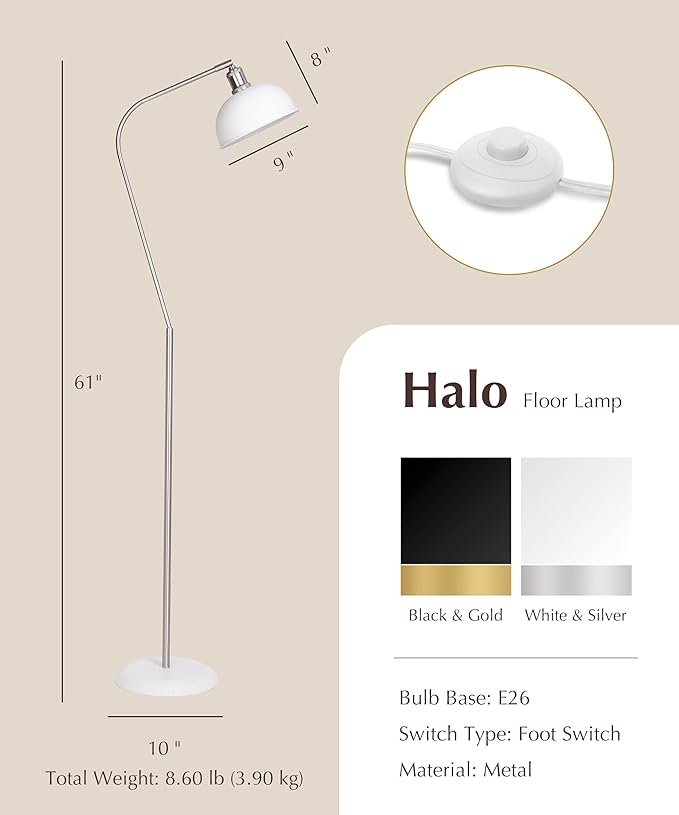 HarvestLand Halo Brass Floor Reading Lamp – Adjustable Pharmacy Floor Lamp with Solid Base, Reading Lamps Floor Standing, White Floor Lamp for Living Room or Over Chair Use, Bedroom, Antique Décor