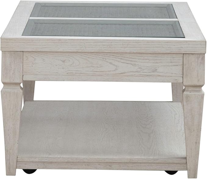 Liberty Furniture Caruso Heights Cocktail Table with Glass Top, Wheeled - Whitestone Oak Wood