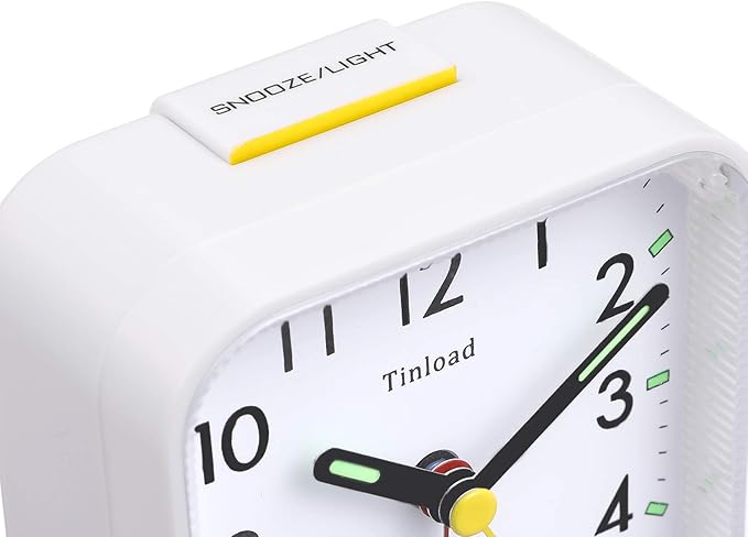 Small Battery Operated Analog Travel Alarm Clock Silent Non Ticking, Gentle Wake, Ascending Beep Sounds, Snooze,Lighted on Demand, Easy Set(White)