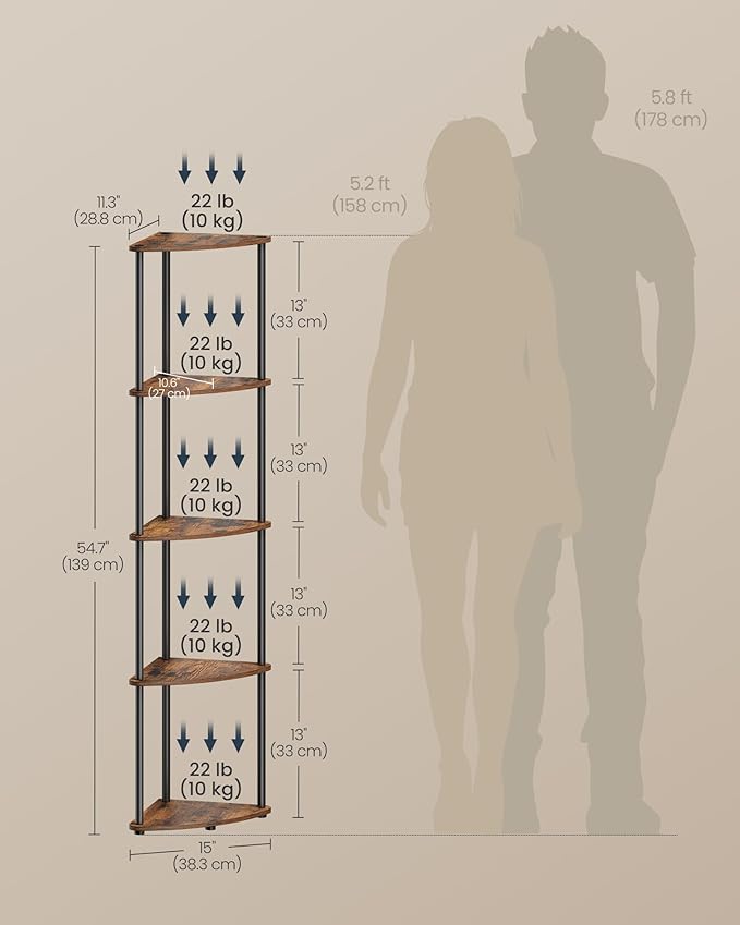 SONGMICS HOME Superfast Toolless Assembly, Corner Shelf Stand, 5-Tier Corner Standing Shelf, Living Room, Bedroom, Kitchen, 15 x 10.6 x 54.7 Inches, Rustic Brown ULBC610K01