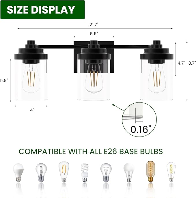 Bathroom Vanity Light Fixture, 3-Light Modern Black Vanity Light Fixtures with Clear Glass Shade, Matte Black Bathroom Light Fixtures Over Mirror, Rustic Restroom Lighting Fixtures
