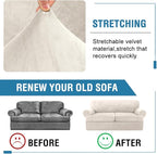H.VERSAILTEX Sofa Cover 3 Piece Loveseat Slipcovers Thick Velvet Couch Cover Furniture Protector Stretch Sofa Covers for 2 Cushion Couch with 2 Individual T Cushion Covers Washable, Ivory