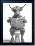 Funny Highland Cow Bathroom Wall Art - Framed Black and White Bathroom Wall Decor, Humorous Cow Picture Wall Decor with Cute Animal Canvas, Modern Farmhouse Style Restroom Sign Art for Toilet & Washroom 16"x20"