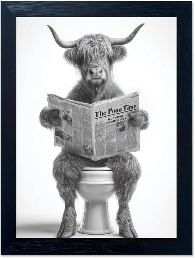 Funny Highland Cow Bathroom Wall Art - Framed Black and White Bathroom Wall Decor, Humorous Cow Picture Wall Decor with Cute Animal Canvas, Modern Farmhouse Style Restroom Sign Art for Toilet & Washroom 16"x20"