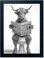 Funny Highland Cow Bathroom Wall Art - Framed Black and White Bathroom Wall Decor, Humorous Cow Picture Wall Decor with Cute Animal Canvas, Modern Farmhouse Style Restroom Sign Art for Toilet & Washroom 12"x16"