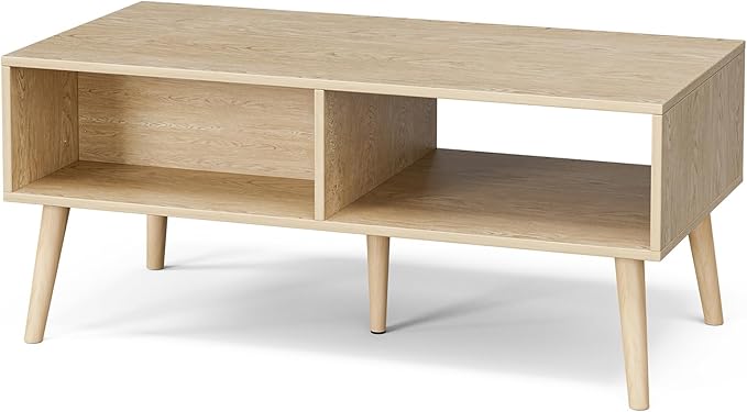 Coffee Table with Storage, Boho Dining Table with Rattan Drawer and Solid Wood Legs, Small Coffee Tables for Living Room, Oak