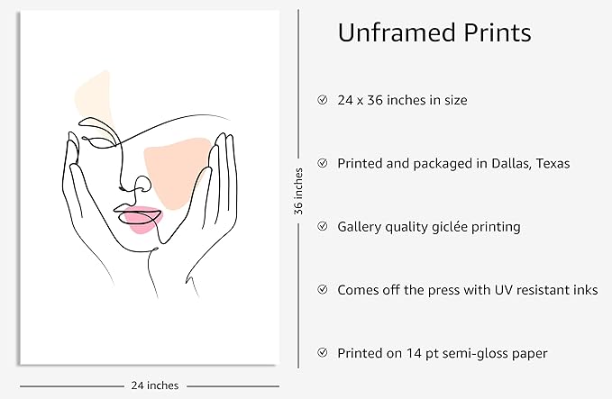 Y2K BOO Aesthetic Face UNFRAMED Wall Art Hands on Cheeks Continuous Line Drawing Abstract Pink Shapes 24x36 Inch Heavyweight Paper Studio Decor