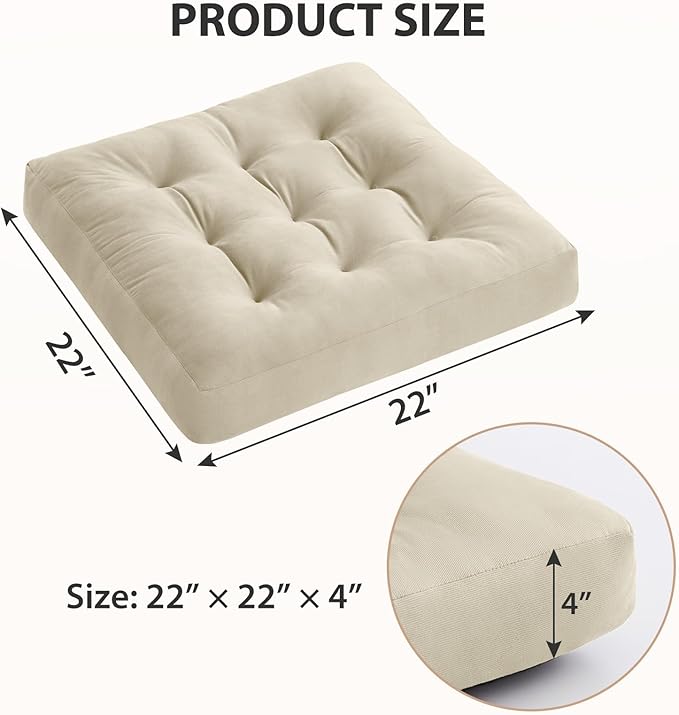 Meditation Floor Pillow Set of 1, Square Large Pillows Seating for Adults, Meditation Cushion Pillow,Tufted Corduroy Cushion for Tatami Living Room or Yoga, Beige, 22x22 Inch
