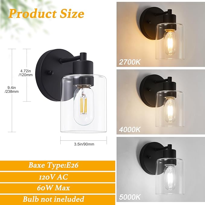Wall Sconces for Bathroom, Modern Vanity Light Fixtures, Black Wall Mount Lighting Lanterns, Farmhouse Wall Lights with Clear Glass Shade for Bedroom Living Room Mirror Hallway Kitchen（2PACK）