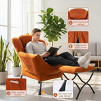 Tangerine Lazy Chair with Ottoman, Large Velvet Lounge Accent Chair with a Throw Pillow, Comfy Leisure Sofa Chair for Living Room Bedroom Dorm Room Office Apartment Reading Relaxing Use