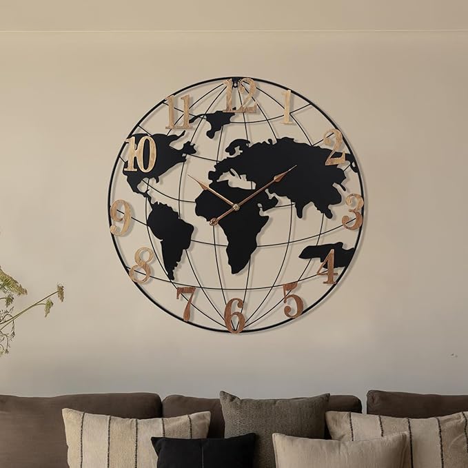 World Map Wall Clock, Black and Gold Vintage Luxury with Metal Frame, Retro Geographic Art for Living Room, Study, Travel Theme Decor, 32 Inch