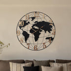 World Map Wall Clock, Black and Gold Vintage Luxury with Metal Frame, Retro Geographic Art for Living Room, Study, Travel Theme Decor, 24 Inch