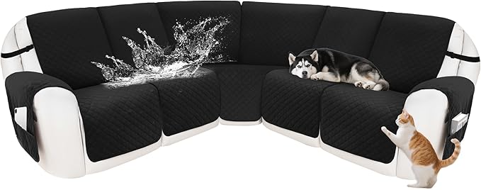 Reclining Sectional Couch Covers 100% Waterproof Velvet L Shape Recliner Couch Covers for Dogs Pets Washable Anti Slip Recliner Slipcovers with Pockets (5 Seat Sofa, Black)