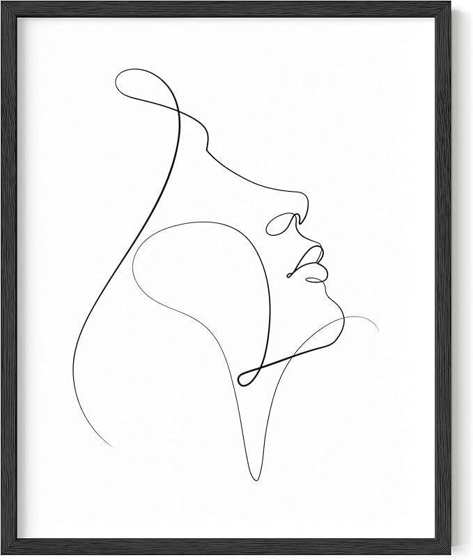 Minimalist Woman Profile Wall Art Upward Gaze Continuous Line Drawing Feminine Face 16x20 Inch Oak Wood Black Framed Modern Aesthetic Print for Living Room