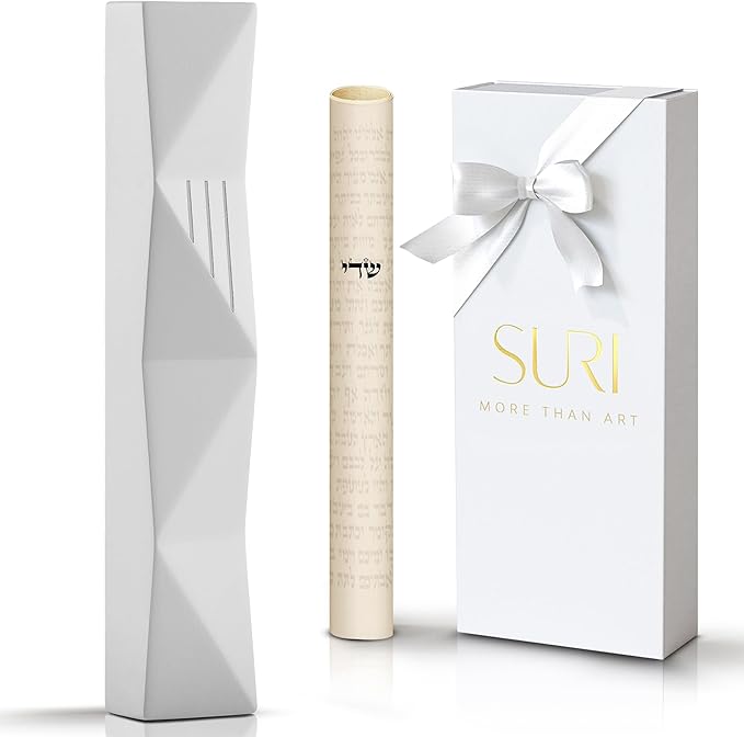SURI Jewish Mezuzah for Door – 4 Inch White Concrete Mezuza Case with Printed Scroll, Fits a 3 Inch Mezuzzah Scroll, Self-Stick Adhesive, Gift Box Included