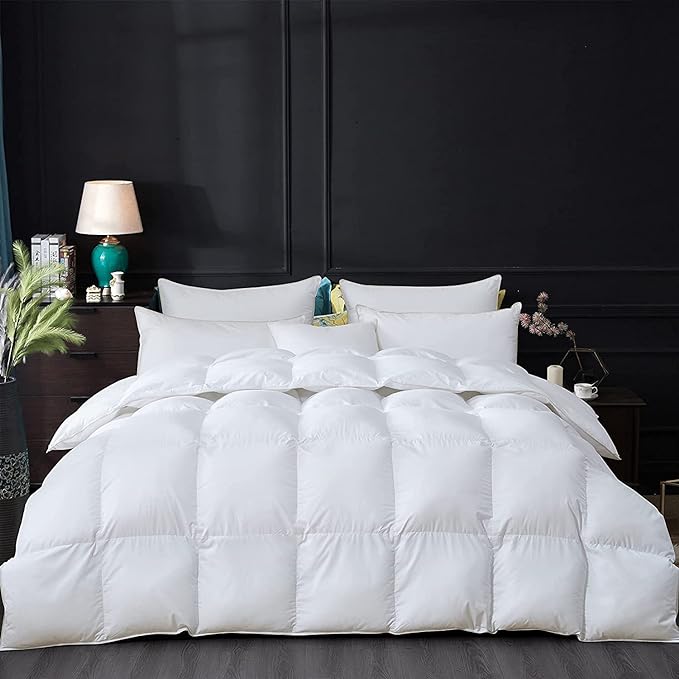 Luxurious Goose Down Feather Fiber Comforter Duvet Insert, Plain Solid Design,White 108 x 98 , Premium Baffle Box 100% Egyptian Cotton, 75 oz Fill Weight,Oversize Cal King