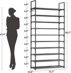 Kitsure Shoe Rack for Closet - 10-Tier Shoe Organizer with Hook Rack, Large-Capacity & Space-Saving Shoe Shelf for Entryway, Bedroom, Living Room,32.2" x 11.8" x 68.5", Black