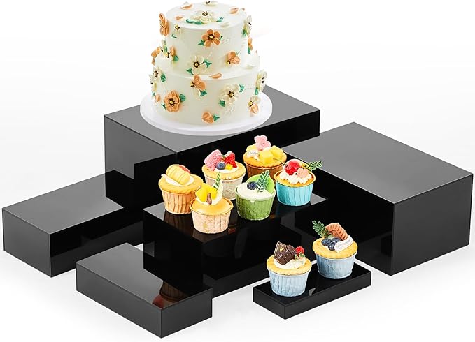 Leinuosen 6 Pcs Large Buffet Risers, 7 to 12 Inch Catering Dessert Table Risers Food Decorative Stands with hollow bottom for Catering Supplies, Party(Black, Rectangle)