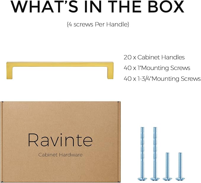 Ravinte 20 Pack Solid 6-1/4 Inch Kitchen Square Cabinet Handles Brushed Brass Cabinet Pulls Drawer Pulls Kitchen Cupboard Hardware Handles