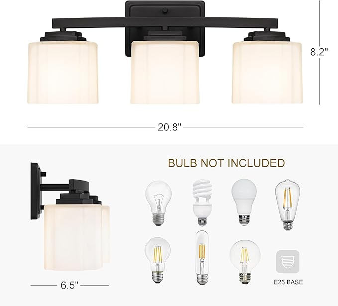 Adam Modern 3-Light Vanity Light Industrial Wall Sconce Lighting Fixture with Etched Glass Shade in Dark Bronze Black Finish for Bathroom, Hallway, Kitchen, Mirror