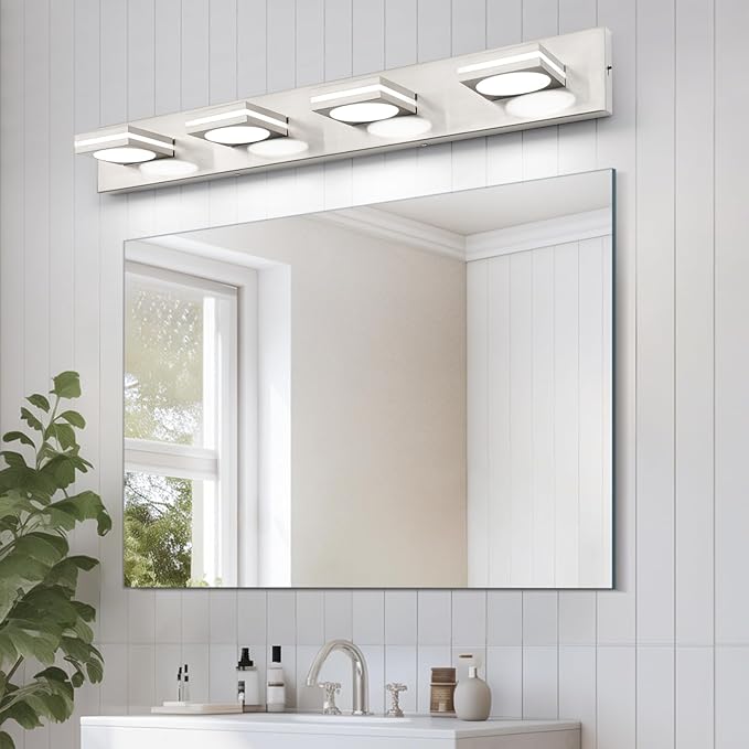 OKELI LED Modern Bathroom Vanity Light Fixtures (4-Light, 30-Inch), Brushed Nickel Acrylic Bathroom Wall Lighting Fixtures Over Mirror, 3CCT, ETL Listed, Dimmable