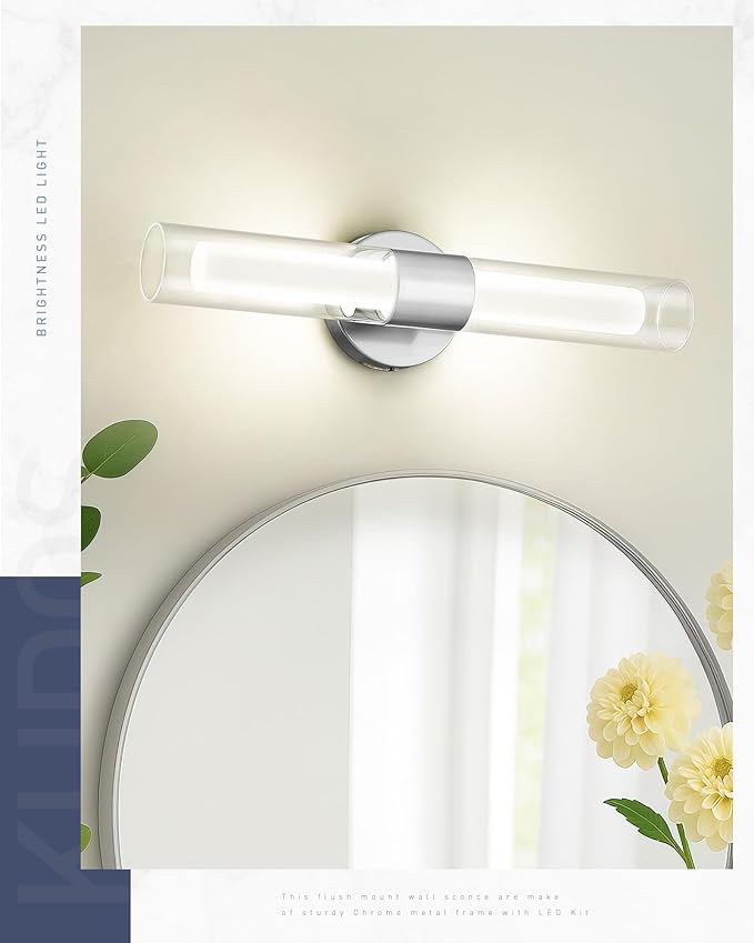 kudos Brushed Nickel Bathroom Sconces Wall Lighting, Vanity Light for Bathroom, Modern Wall Lights with Clear Glass and Frosted Glass, 3000K/4500K/6000K Adjustable, KDVL06-BN-2