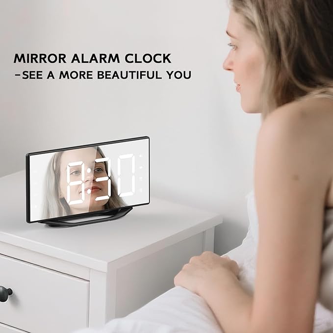 OnLyee Vibrating Alarm Clock with 8.7” LED Mirror for Heavy Sleepers & Hearing Impaired, Bed Shaker & 3 Wake-Up Modes, Dual Alarms, USB Charging, Adjustable Brightness, Snooze Function