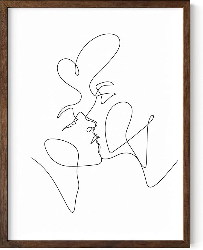 Minimalist Couple Art Wall Art Print Couple Kiss Abstract Line Drawing, Gallery Quality 12"x16" Walnut Framed, Abstract Love Aesthetic Decor Bedroom Living Room
