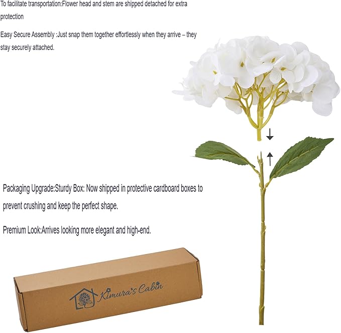 Kimura's Cabin 6pcs Faux White Hydrangeas Fake Flowers Artificial Silk Hydrangea Flower With Stems Bouquets Arrangement for Home Table Centerpieces Wedding Baby Shower Birthday Party Decoration(White)
