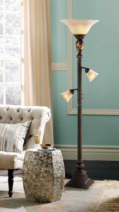 Kathy Ireland Mulholland Rustic Vintage Tree Torchiere Floor Lamp Standing 72" Tall Bronze Tortoise Shell Font Frosted Glass Shade for Living Room Reading House Bedroom Home Office