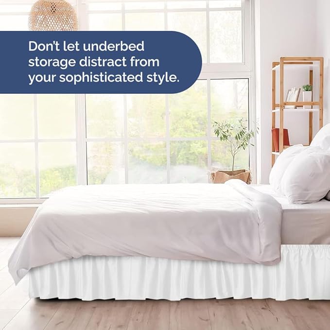 Wrap Around Dust Ruffle Bed Skirt - White - Twin/Twin XL Size Beds with 18 Inch Drop - Easy Fit Elastic Strap - Adjustable Pleated Bedskirt w/Brushed Fabric - Wrinkle Free - Women, Men, Kids & Teens