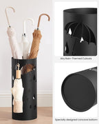 SONGMICS Umbrella Stand, Metal Umbrella Holder for Entryway, with Water Tray and 4 Hooks, 6.7 x 6.7 x 16.1 Inches, Round, Ink Black ULUC024B01