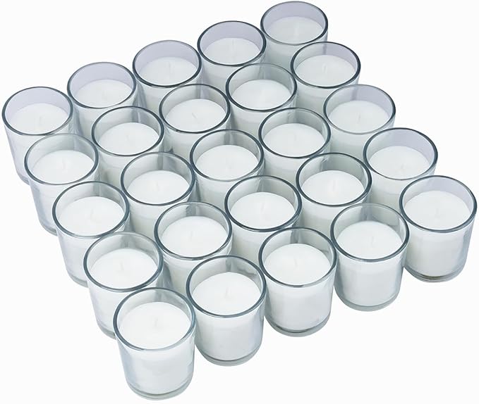 Welburn Veda&Co™ Glass Votive Candles - Pack of 25, Upto 15 Hours Burn Time, 100% Fully Refined Paraffin Wax, Smokeless, Unscented, Dripless, Ideal for Spa Weddings Birthdays, Parties, Centerpieces