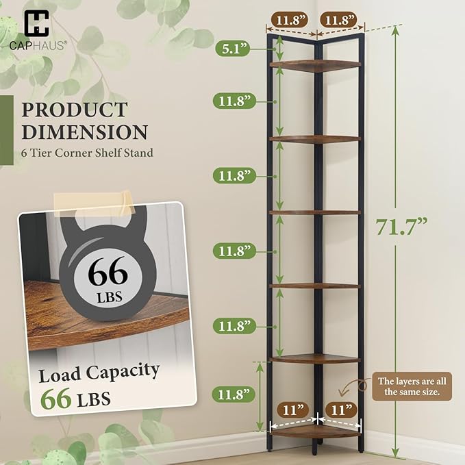 CAPHAUS 6 Tier Corner Shelf, 71.1-Inch Tall Corner Bookshelf, Corner Display Rack with Metal Frame, Round Corner Shelf Unit Rack, Tall Corner Stand for Bathroom, Living Room, Home, Office, Rustic Oak
