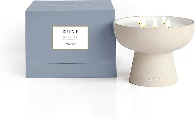 Blueme Balance Candle | White Lotus & Tea | 5 Wick - Refillable Wellness Candle with Essential Oils, Hand Finished & Poured Soy Wax Blend Ceramic Vessel, Natural Cotton Wicks | Large 24 oz