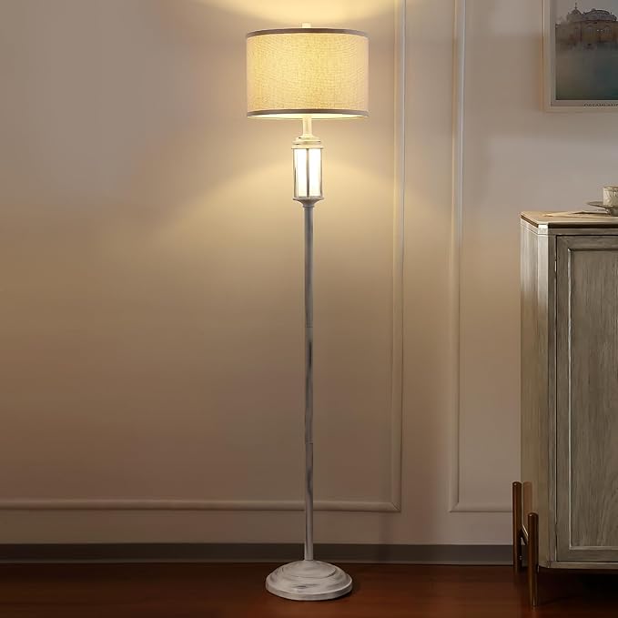 65" Vintage Floor Lamp with Night Light, Farmhouse Antique White Tall Standing Lamp with 2 Light Sources, Rustic Floor Lights for Living Room Bedroom Office Corner, Bulb Included