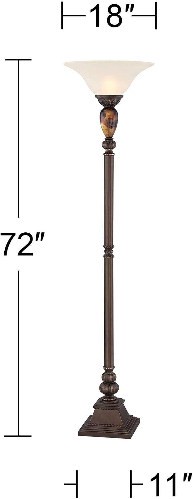 Kathy Ireland Mulholland Rustic Vintage Torchiere Floor Lamp Standing 72" Tall Bronze Tortoise Shell Font Frosted Glass Shade Decor for Living Room Reading House Bedroom Home Office