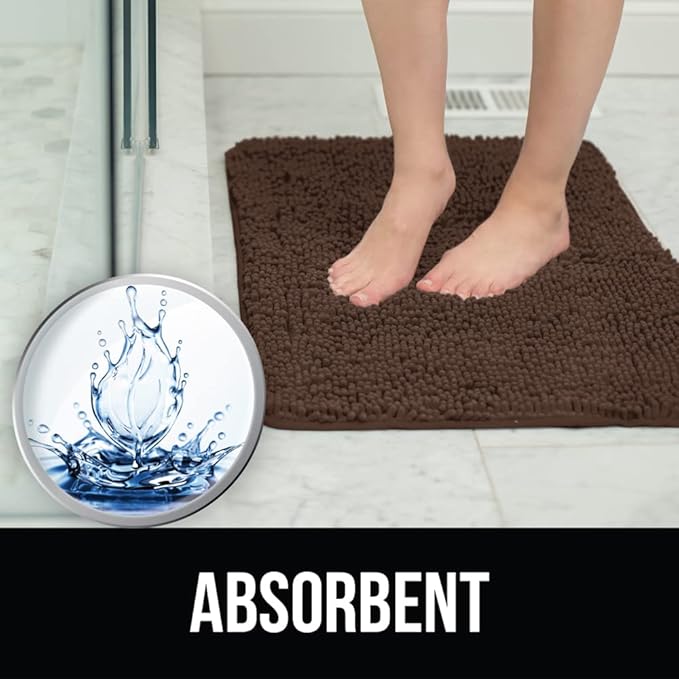 KANGAROO Bathroom Rugs, Chenille Soft Absorbent Bath Rug, Shaggy Shower Mat, Quick Dry Machine Wash Bathmat, Plush Carpet Mats for Tub, Bathtub and Room Home Decor Accessories, 24x17, Brown