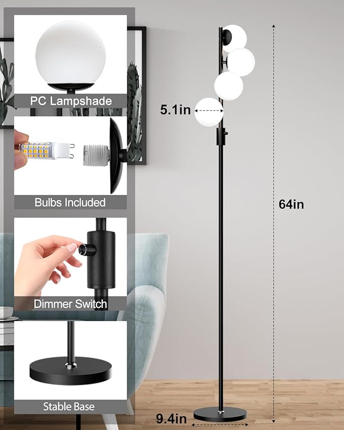 Lightdot 64IN Dimmable (Brightness Adjustable) Globe Floor Lamp, Black Standing Lamps with 4PCS 3000K Bulbs Included, Mid Century Modern Floor Lamp for Living Room/Sofa Beside/Corner Decor