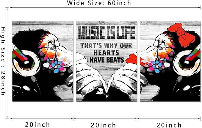 Novatique Banksy Canvas Wall Art Street Graffiti Wall Art Music is Life Animals Painting Print Abstract Painting Pop Art Wall Decor Monkey Graffiti Art for Living Room Bathroom, 20" x 28" x 3pcs