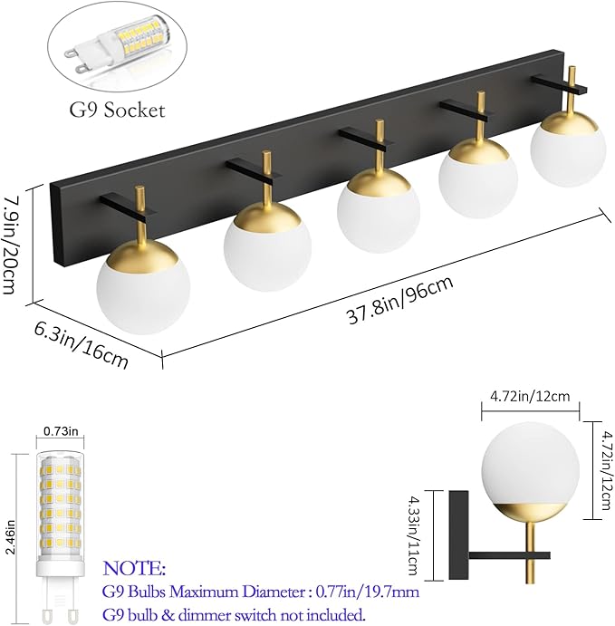 Ralbay Mid Century Modern Vanity Lights - 5-Light Milky Glass Globe Modern Bathroom Vanity Lights Over Long Mirror, Black/Golden Bathroom Wall Light Fixture