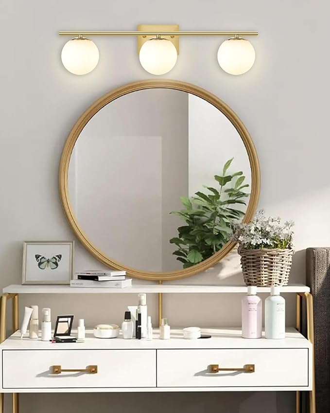 New Bathroom Vanity Light 3 Lights Fixtures Brushed Brass Milk White Globe Glass Shade Modern Wall Bar Sconce Over Mirror (Exclude G9 Bulb)