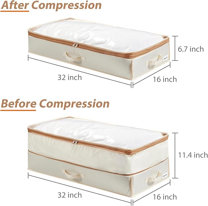 Under Bed Storage Container with Double Zippers, Foldable Oxford Fabric Organizer with Clear Top, Hard-Sided, Compressible Clothes & Blanket Bin, 32x16x11.4 Inch (3 Pack, Beige)