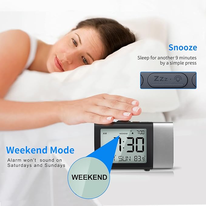 Projection Alarm Clock for Bedroom: Digital LCD Clock with Temperature Date Snooze 12/24H and Weekend Mode, Easy Set Dimmer Clock with 2-Levels Volume, Mains and Battery Operated
