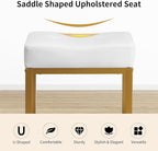 Saddle Seat Vanity Stool, Makeup Stool Chair with Metal Leg, U-Shaped PU Leather Ottoman Foot Rest, Small Square Chairs Under Desk for Vanity, Living Room, Modern Makeup Bench White&Gold