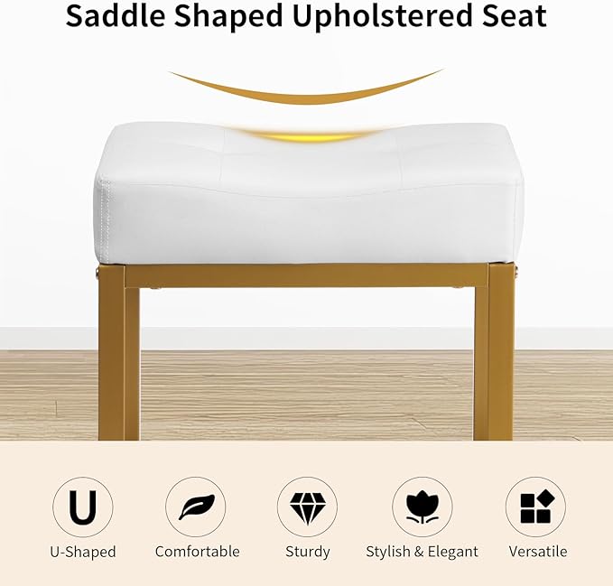 Saddle Seat Vanity Stool, Makeup Stool Chair with Metal Leg, U-Shaped PU Leather Ottoman Foot Rest, Small Square Chairs Under Desk for Vanity, Living Room, Modern Makeup Bench White&Gold