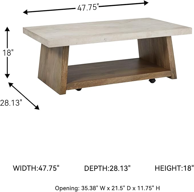 Signature Design by Ashley Brendalhouse Casual Coffee Table with Faux Cement Top, Bottom Shelf and Casters, Light Brown & White
